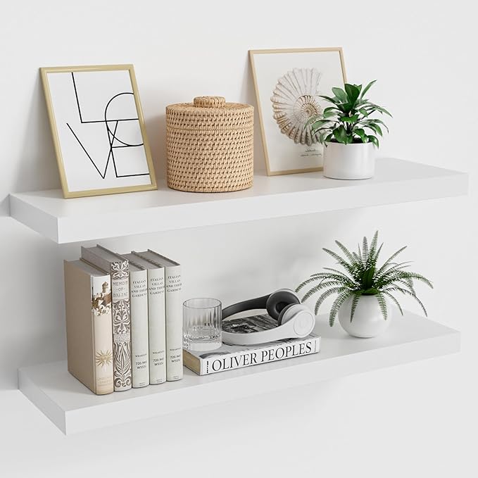 Vivelove Wooden Floating Shelves for Wall 24” x 8”x 1.4”, Solid Wood Shelf with Invisible Brackets, Deep Wall Shelves for Bathroom, LivingRoom, Kitchen, Bedroom, Modern Home Decor, Set of 2 - White