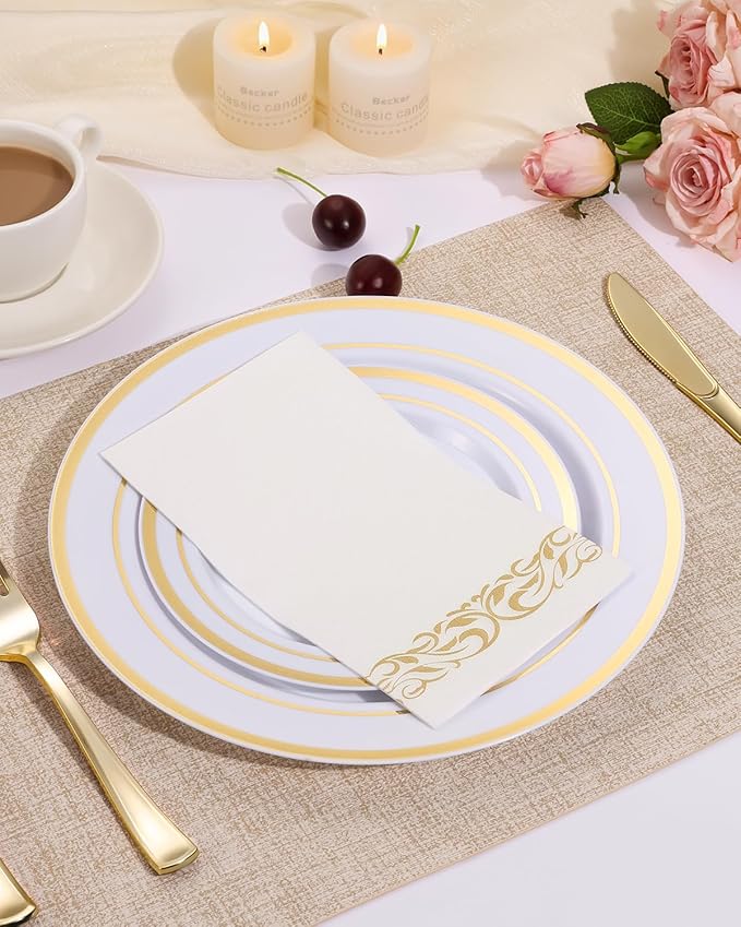 Goodluck 100 Pack 3-Ply Disposable Napkins - Soft & Absorbent Paper Hand Towels for Bathroom Guests, Dinner Party, Kitchen,Christmas， Wedding & Events, Parties - Floral Gold Trim