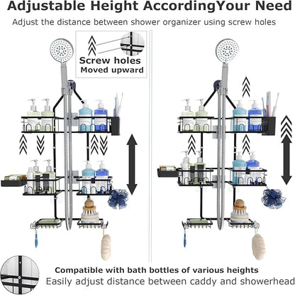 Shower Caddy Hanging Upgraded Adjustable Rustproof Shower Caddy Shower Organizer for Over Handheld or Fixed Shower Heads with Hooks Soap Holder Toothbrush Holder