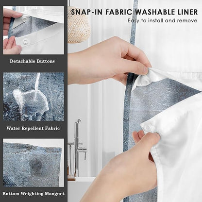 No Hook Grey Navy Blue Painting Shower Curtain with Snap in Fabric Liner Set, Abstract Double Layers Waterproof Fabric with See Through Top Window Open Grommet Bath Curtain 71x74 Inch