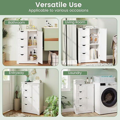 Tangkula Bathroom Floor Cabinet, Freestanding Storage Cabinet with 4 Drawers & Single Door, Adjustable Shelf, Multipurpose Bathroom Storage for Home Office, 21.5 x 12 x 32.5 Inches (White)