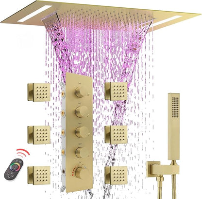 Multi Full Body Thermostatic Luxury Spa Shower System And 14x20 Inch LED 4 Functions Faucet Set, Rainfall Spray Waterfall Can Be Turned On Simultaneously,Brushed Gold