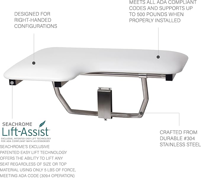 Seachrome Lift-Assist Shower Seat, L-Shaped Right-Hand, ADA, Wall Mount, Padded White Naugahyde