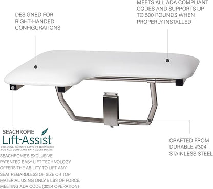 Seachrome Lift-Assist Shower Seat, L-Shaped Right-Hand, ADA, Wall Mount, Padded White Naugahyde