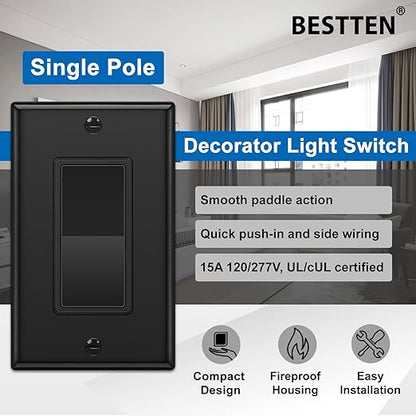 BESTTEN 10 Pack Single Pole Decorator Wall Light Switch with Wallplate, 15A 120/277V, On/Off Rocker Paddle Interrupter, UL Listed, Black