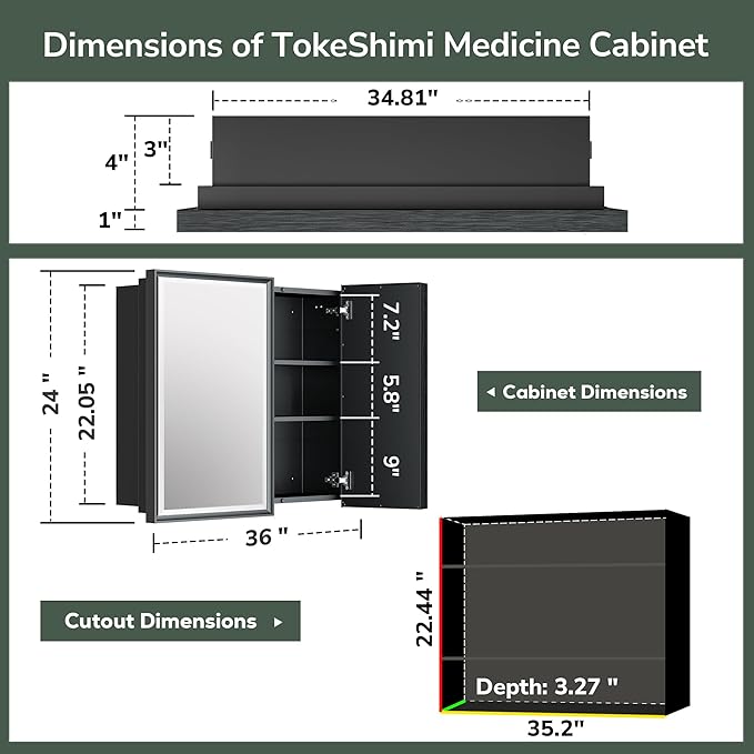 TokeShimi 36x24 Recessed Medicine Cabinet with Mirror Black, Beveled Bathroom Mirror with Storage Aluminum, Surface Mounted Metal Medicine Cabinets for Bathroom Vanity Wall