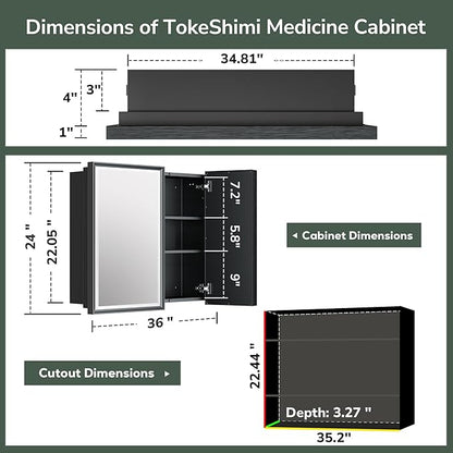 TokeShimi 36x24 Recessed Medicine Cabinet with Mirror Black, Beveled Bathroom Mirror with Storage Aluminum, Surface Mounted Metal Medicine Cabinets for Bathroom Vanity Wall
