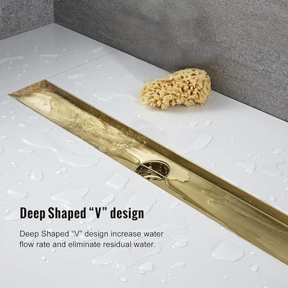 Linear Shower Drain, 24 inch Gold Drain with Tile Insert 2-in-1 Panel, Brushed 304 Stainless Steel Gold Shower Floor Drain, Linear Drain with Hair Strainer and Adjustable Feet