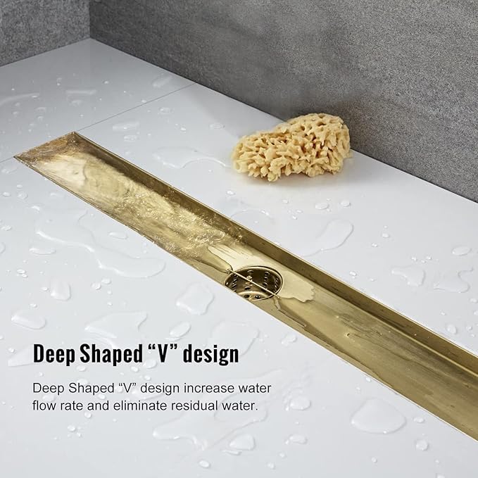 Linear Shower Drain, 48 inch Gold Drain with Tile Insert 2-in-1 Panel, Brushed 304 Stainless Steel Gold Shower Floor Drain, Linear Drain with Hair Strainer and Adjustable Feet