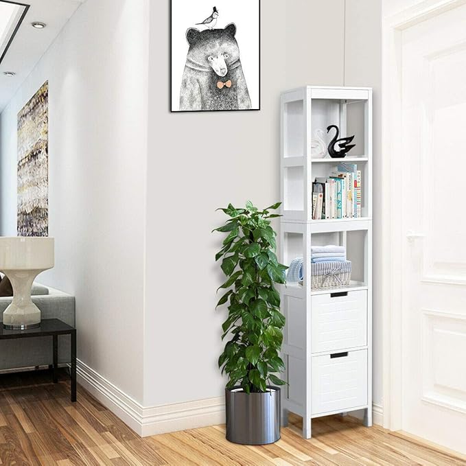 Tangkula Tall Bathroom Storage Cabinet, Freestanding 57" H Tall Slim Bathroom Floor Cabinet with 3 Tier Open Shelves and 2 Drawers, Multifunction Organizer Wooden Tower (White)