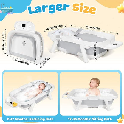 Orzbow Collapsible Baby Bathtub, Large Baby Bath Tub for Newborn with Soft Cushion & Thermometer, Travel Portable Baby Tubs for Infants to Toddler 0-36 Months, Gray