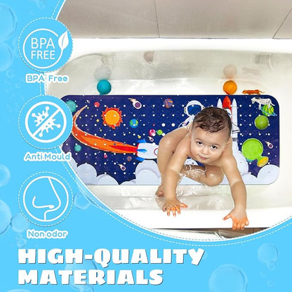 Baby Bath Mat for Tub Non Slip Kids Bathtub Mat Extra Long 40X16 Inch Toddler Bath Tub Shower Mat Anti Slip with Suction Cups & Drain Holes, Machine Washable (Space)