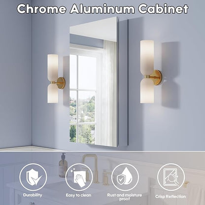 WELLFOR 20" x 36" Bathroom Medicine Cabinet, Anodized Chrome Aluminum Frame, Medicine Cabinet with Adjustable Glass Shelves, Bathroom Cabinet with Reverse Door Installation, Surface or Recess Mount