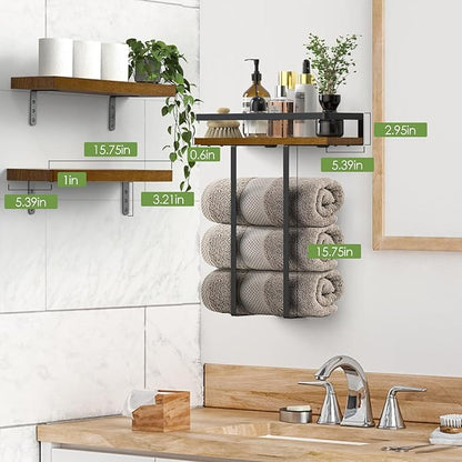 Towel Racks for Bathroom-Wall Mounted Floating Shelves for Wall Bathroom Bedroom Kitchen Living Room, Hanging Book Shelves Decor Bathroom Organizer, 16 inch Solid Wood, (Walnut-Like, Set of 3, 16in)