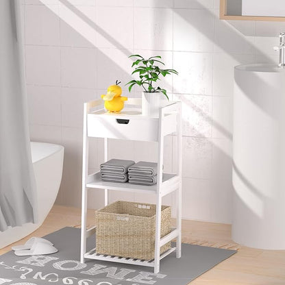 3 Tier Bamboo Bathroom Shelves with Drawer, Ladder Shelf for Bathroom Storage, Space-Saving Design, Stylish Display Nightstand, Stylish Storage Solution for Home, Living Room, Kitchen, Office