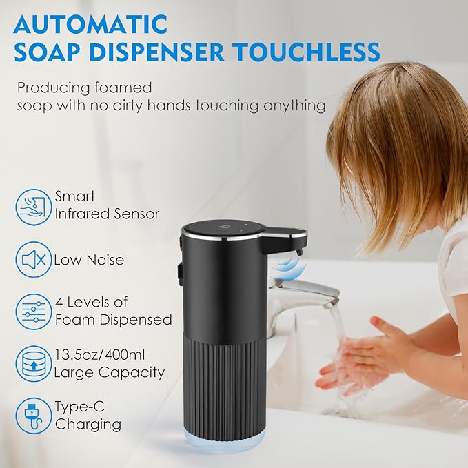 Automatic Foaming Soap Dispenser, 4-Level Adjustable Electric Foam Hand Soap Dispenser, USB Rechargeable Touchless for Bathroom Countertop, Kitchen, 13.5oz, Wall Mounted(Black)
