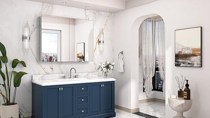 Keonjinn 40 x 32 Inch Large Medicine Cabinet for Bathroom, Silver Lightweight Combined Double Doors Mirrored Cabinet, Assembly Needed, Recessed or Wall Mount, Flexiable Ample Storage, Soft Closing