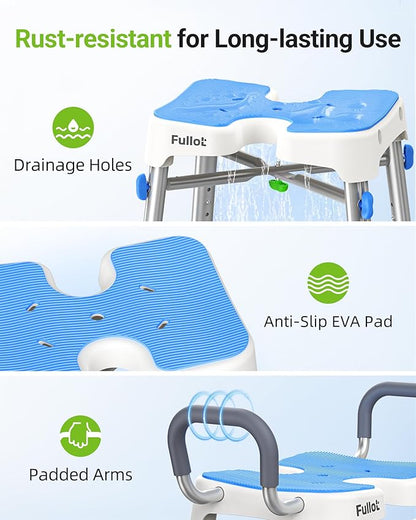 Ergonomic H-Shaped Shower Chair for Elderly and Disabled with Padded Back & Arms,500 lbs Heavy Duty Adjustable Shower Stool Seat for Easy Cleaning, Anti-Slip Bath Chairs for Bathtub
