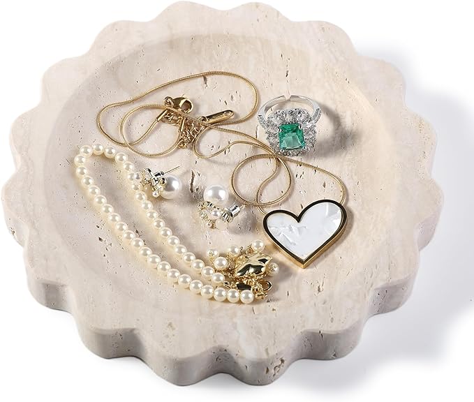 Koville Travertine Jewelry Tray, 5.51" Round Trinket Dish for Ring Necklace Earring Perfume, Natural Scalloped Decorative Tray for Countertop Bathroom Kitchen Dresser, Beige Stone Tray