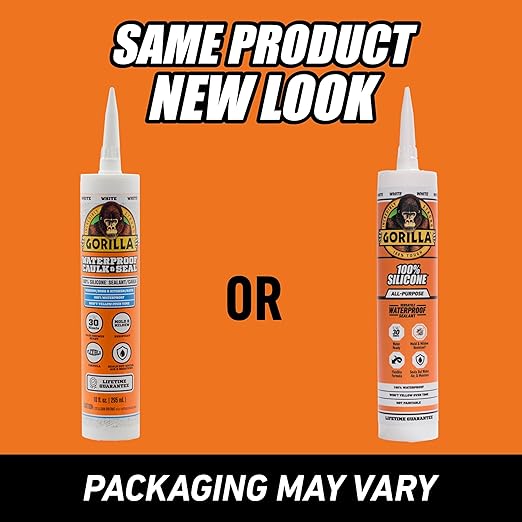 Gorilla Waterproof Caulk & Seal Silicone Sealant, 10oz Cartridge (Pack of 1) - White Caulking Sealant for Kitchen, Window, Bath, Marine, Door and More