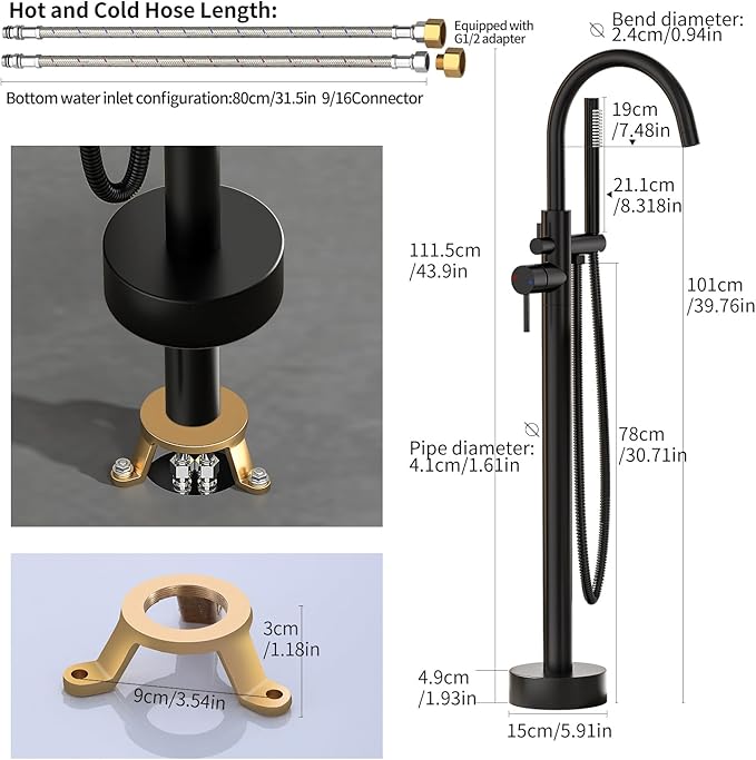 Freestanding Bathtub FaucetFloor Mount Bathtub Filler Shower Mixer Faucet with Handheld Shower Sprayer Swivel, Bottom Inlet，Matte Black
