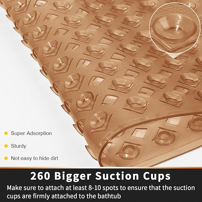 Yimobra Bathtub Mat Non Slip, Super Strong Suction Cups, 27.5"x15.5" Long Shower Mat with Drain Holes, Machine Washable Fast Draining Bath Mats, Bathroom Essentials,Clear Brown