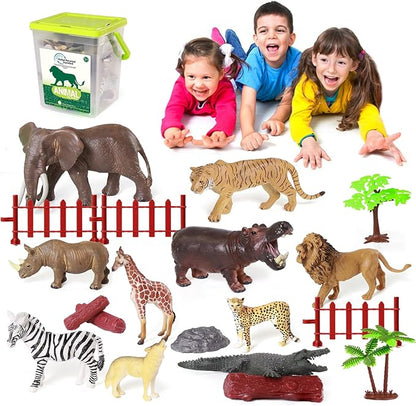 10 Big Realistic Safari Animal Toys for Kids 3-7, Jungle Figures Set with 12 Accessories & Storage Bucket, Educational Plastic Toys