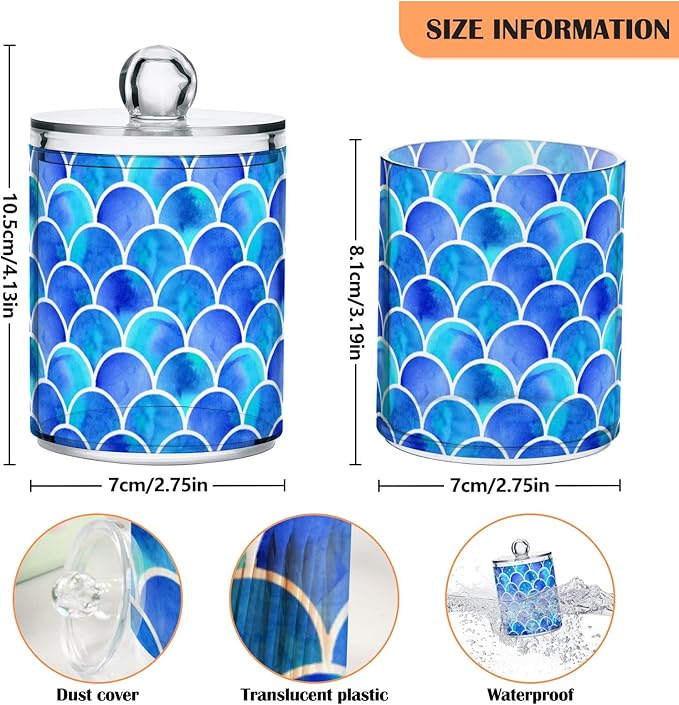 MNSRUU 4 Pack Qtip Holder Organizer Dispenser Blue Scales Of Mermaid Bathroom Containers Bathroom Vanity Storage Canister Apothecary Jars for Cotton Swabs/Pads/Floss