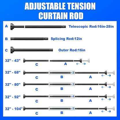Ausemku Shower Curtain Rod - 32-68 Inch Rustproof Tension Rod, Non-Slip Spring Design, No Drilling Adjustable Curtain Rod for Bathroom, Kitchen, and Closet（Black）