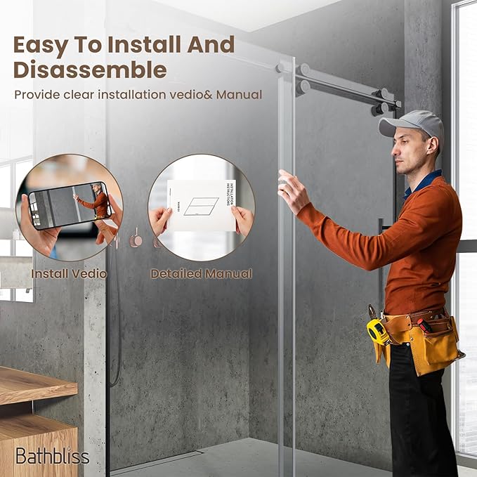 Bathbliss Glass Shower Door 44"-48" Wx76 H,Frameless Sliding Glass Door with 5/16"(8mm) Tempered Glass Shower with Matte Black Finish