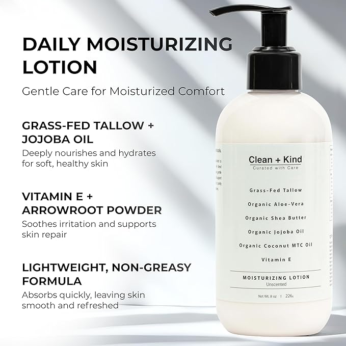 Daily Moisturizing Lotion – Tallow Body Lotion with Aloe Vera, Shea Butter, Jojoba Oil, MCT Oil & Vitamin E – Deep Hydration for Dry, Rough, Sensitive Skin (8 Fl Oz, Unscented)