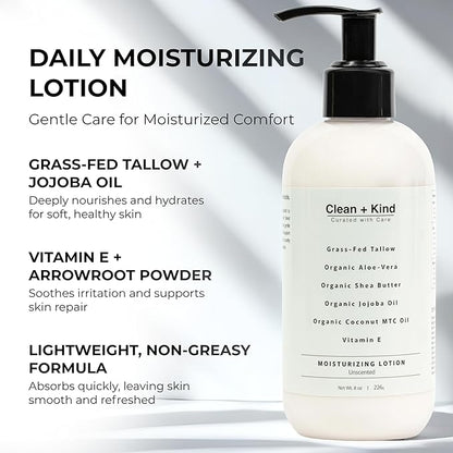 Daily Moisturizing Lotion – Tallow Body Lotion with Aloe Vera, Shea Butter, Jojoba Oil, MCT Oil & Vitamin E – Deep Hydration for Dry, Rough, Sensitive Skin (8 Fl Oz, Unscented)
