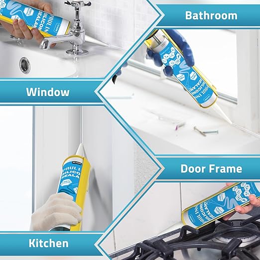 PAULINN Silicone Sealant, 100% Silicone Caulk Clear Waterproof for RV, Kitchen, Bath, General Use, Window, Door, Glass, Marine, 10.2 Oz, 4 Packs