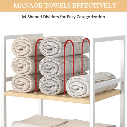 5-Tier Bathroom Storage Shelf, Mobile Metal Free Standing Shelving Unit with Wheels, Towel Rack Organizer with M-Shaped Detachable Dividers & 4 S-Hooks, Rolling Cart for Bathroom Laundry Kitchen,White