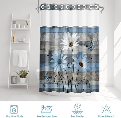 No Hook Blue Daisy and Butterfly Shower Curtain with Snap in Fabric Liner Set, Rustic Farmhouse Double Layers Waterproof Fabric with See Through Top Window Open Grommet Bath Curtain 71x86 Inch