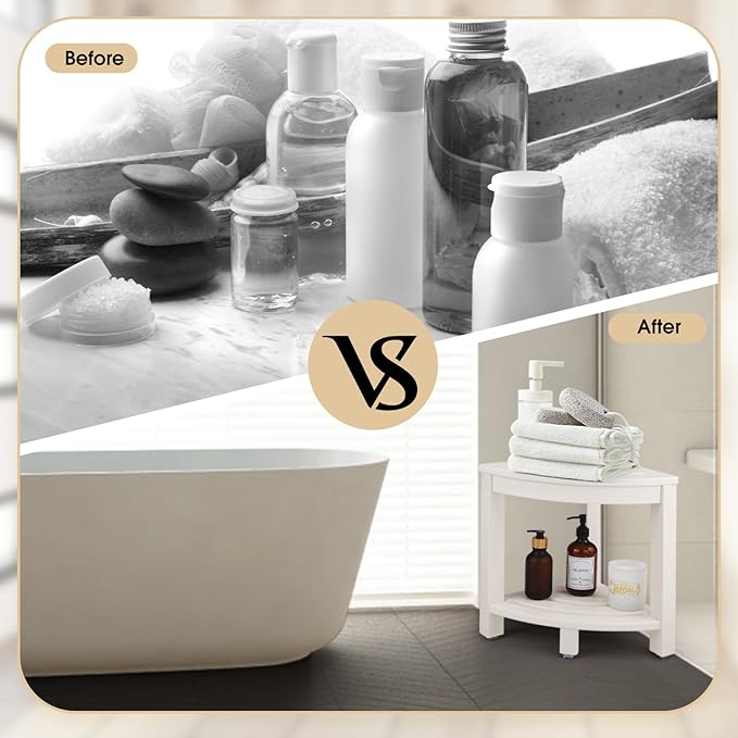 HDPE Corner Shower Stool,Shower Bench Seat with Storage Shelf for Shaving Legs Plastic Spa Bath Step Foot Rest for Bathroom Small Place (White)