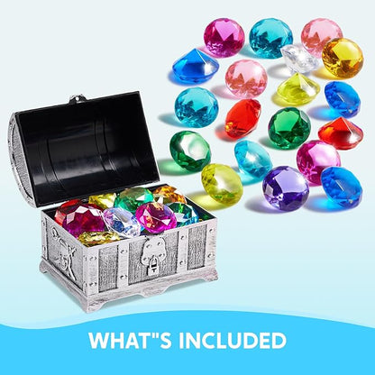 Sloosh Diving Gems Pool Toys,16 Big Colorful Diamond with Pirate Treasure Chest,Swim Dive Toy for Kids Underwater Gemstone Swimming Training Gift Water Toys Pool Games(Silver)