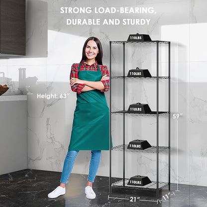 BNSPLY 5 Tier Wire Shelving Unit, Adjustable Wire Rack Shelving, Changeable Metal Wire Storage Shelves for Kitchen, Laundry, Bathroom, Balcony, Pantry (11.4" D x 21.3" W x 59" H, Black)
