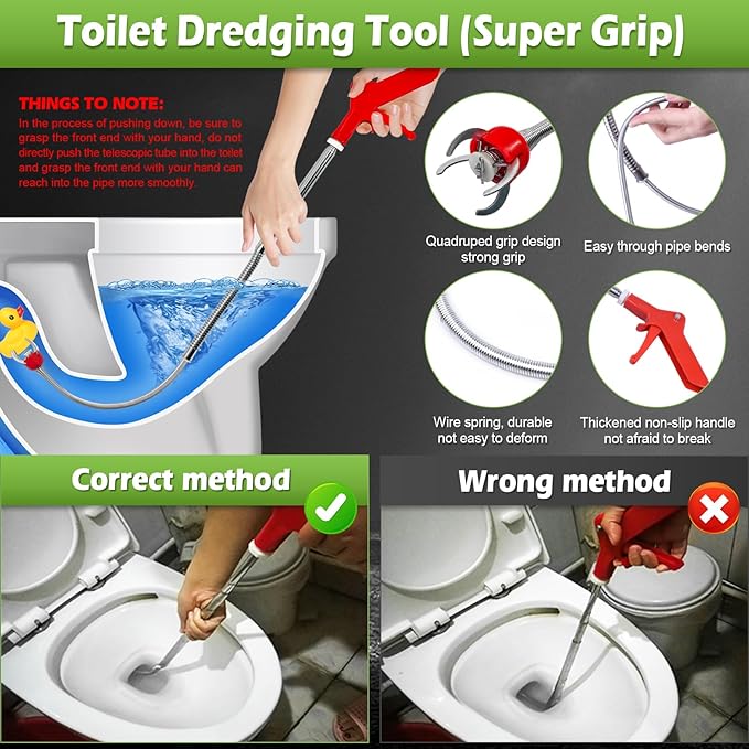 69 Inch Toilet Auger Snake with 4 Claw Grabber Fits Pipes 1.6 Inches or Larger Flexible Drain Cleaning Tool for Toilets