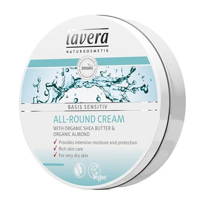 lavera Basis Sensitive All Purpose Cream - Body Cream with Aloe Vera & Almond Oil - Intensive Care for Dry Skin - Moisturizing Face Cream - PETA Certified - Vegan - Made in Germany - 5.1 Fl Oz