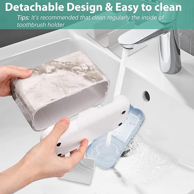 Boperzi Electric Toothbrush Holder for Bathroom Organizer Countertop, Detachable Anti-Slip Toothpaste Storage Caddy 6 Slots White Marble with Drainage Holes for Makeup Brush Razor Stand