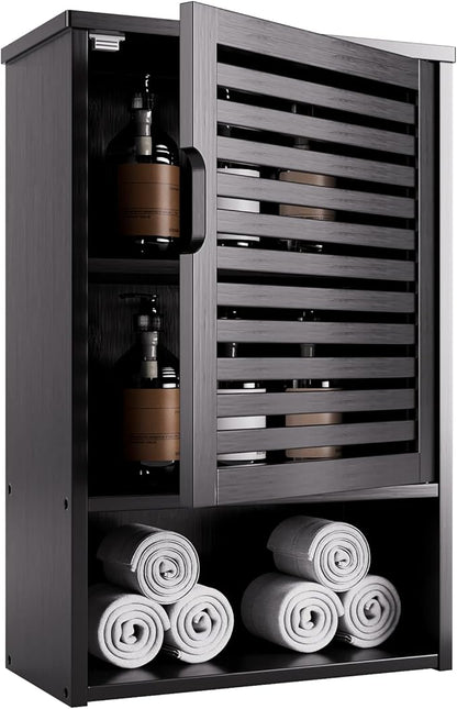 HITNET Bathroom Storage Cabinet Wall Mounted, Hanging Medicine Cabinet with Adjustable Shelf, Over The Toilet Space Saver Organizer, Black Bamboo Kitchen Cupboard, Single Door