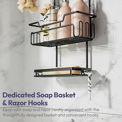SWTYMIKI Bathroom Shower Caddy Hanging - 3 Tier Rustproof Over Shower Head Organizer, No Drilling Bathroom Shelf with 16 Hooks & Soap Holder, Anti-Swing Rack for Shampoo,Sponge,Towel, Black, Medium
