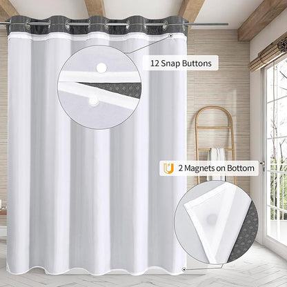 MitoVilla No Hooks Needed Extra Long Shower Curtain Liner Set, Grey 86 inch XL Heavyweight Waffle Fabric Cloth Shower Curtains Set with Snap-in Liner for Modern Luxury Hotel & Spa Bathroom Decor