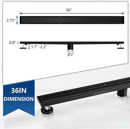 Neodrain 36-Inch Linear Shower Drain with Tile Insert Grate, Matte Black 304 Stainless Steel Rectangle Shower Floor Drain, Linear Drain with Leveling Feet, Hair Strainer