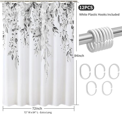 Colorful Star Grey Eucalyptus Waterproof Shower Curtain Set with Hooks, Minimalist Watercolor Floral Print Bathroom Décor, Plant Leaves Washable Fabric Shower Curtain, 72 x 84 Inch