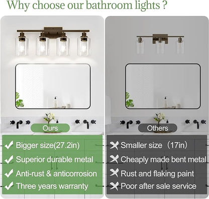 4-Light Bathroom Light Fixtures, Vanity Light with Clear Glass Shades, Oil-Rubbed Bronze Bathroom Light Fixtures Over Mirror, Modern Bathroom Wall Lamp for Mirror Living Room Cabinet Bedroom