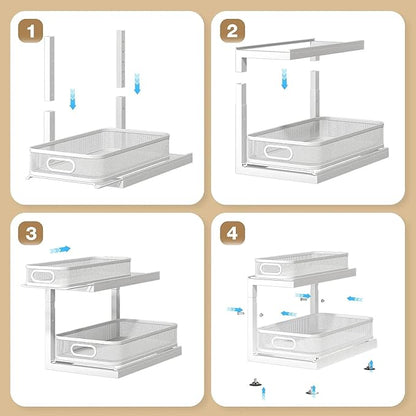 2-Pack Under Sink Storage Organizer with 2-Tier Slide Out Drawer, Sophisticated Mesh Pull Out Shelf for Kitchen & Bathroom, Fits Small Items, Upgraded Arched Track for Smooth Gliding-Gun Gray