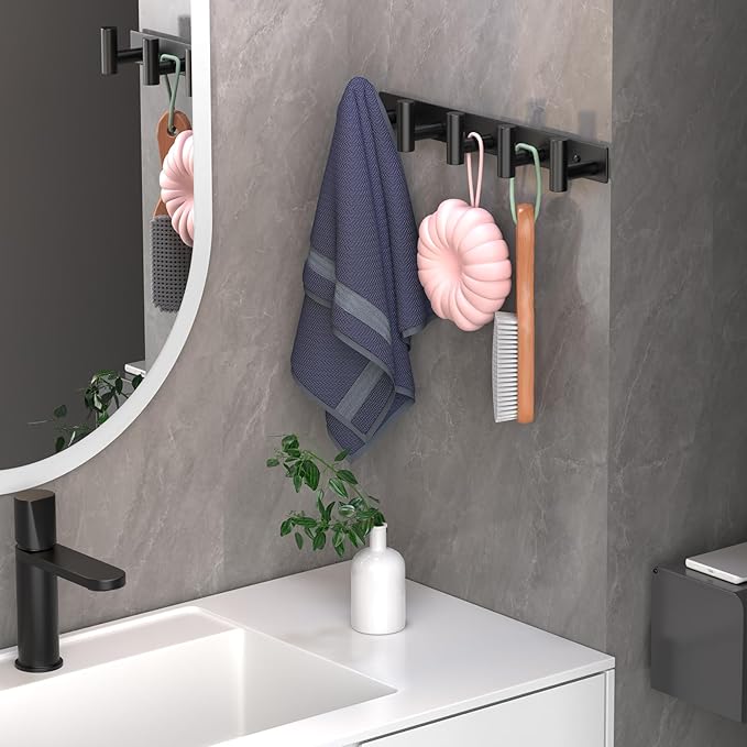 Coat Rack Wall Mounted with 5 Hooks,Heavy Duty Stainless Steel Wall Hooks for Towel Coat Bag, Hat Rack Coat Hanger Coat Hooks Towel Racks for Bathroom Entryway Kitchen Hotel (Black, 2 Packs)