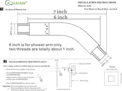 Aquaiaw Square Shower Arm and Anti-Scratch O-Ring Flange, 6 inch, Solid Brass, Both Soldered 1/2 NPT Tapered Threads, Shower Head Arm, Wall Mount Shower Extension Arm (Polished Chrome)